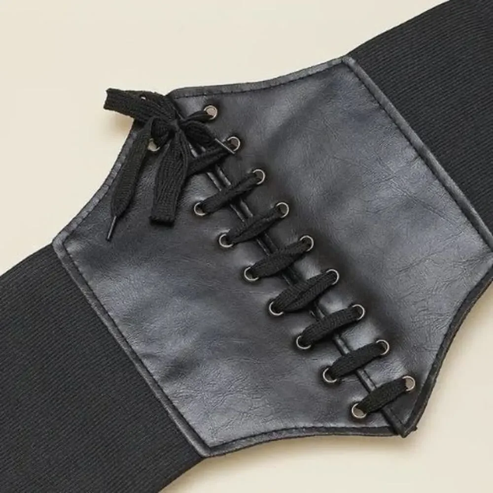 2/$30 NEW Faux Vegan Leather Lace Up Corset Belt Elastic Black (Up to Size L)